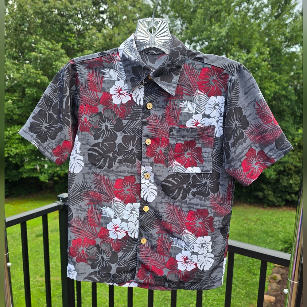 Boys Button Up Hawaiian Theme Shirt w/ Red, White, & Black Flowers & Leaves